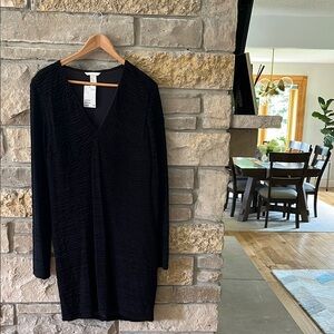 H&M Black Ruched V-Neck Long Sleeve Mini Dress Size Xl